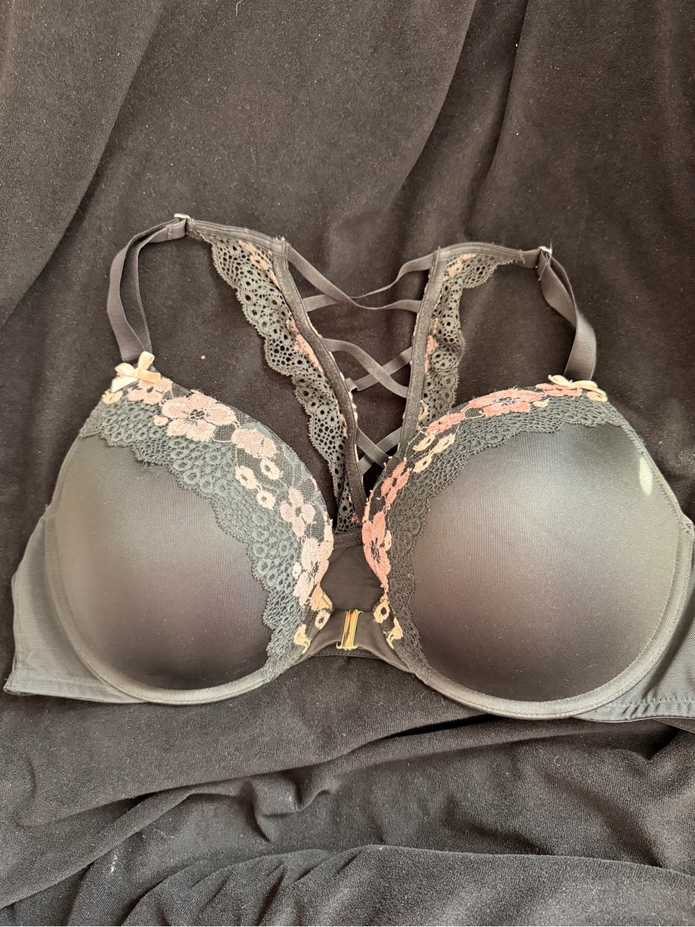 Cacique Black Push-Up Bra with Pink Lace Floral Trim and Crisscross Back